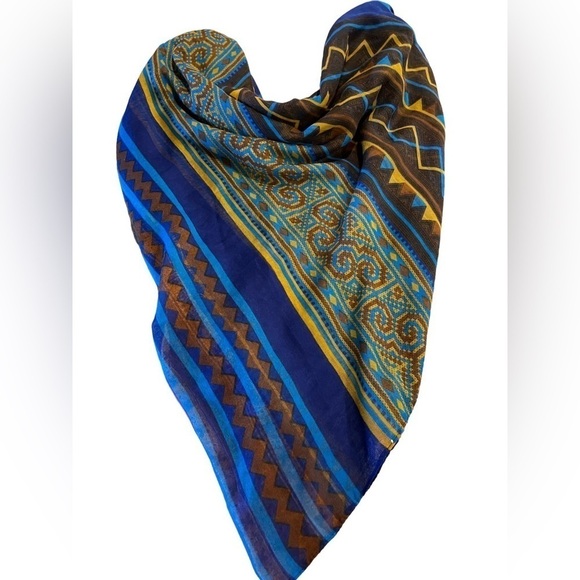 Vibrant Oversized Scarf Wrap Shawl Sarong Cover-Up Blue and Brown - Picture 3 of 7